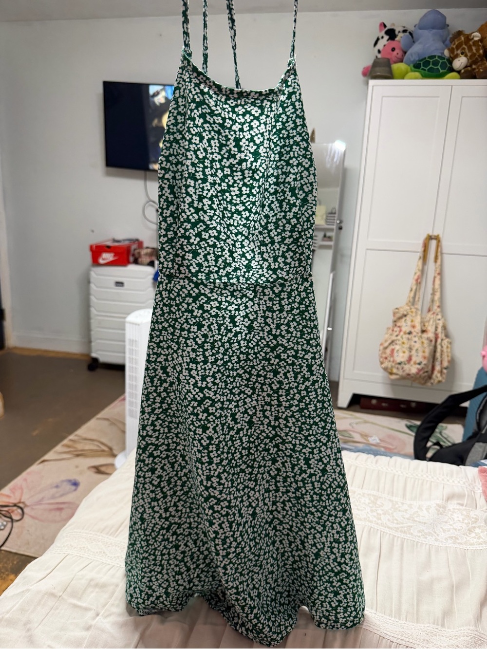 SHEIN Green Floral Slip Dress with Delicate White Print